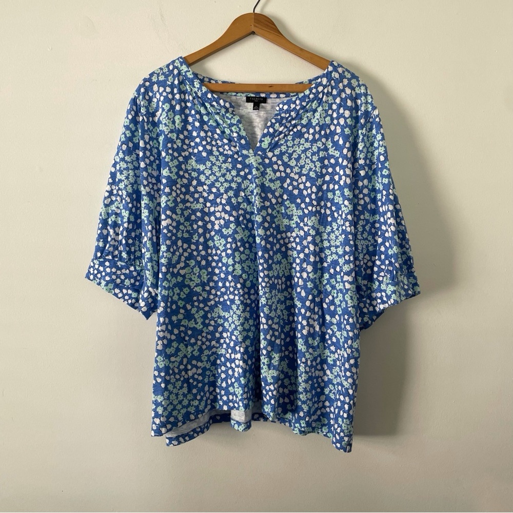 Talbots Blue White Green Floral Print Short Sleeve Lightweight Top Size 3X